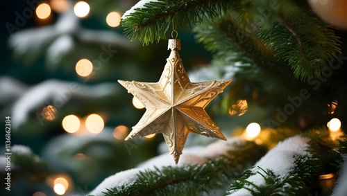 A highly detailed, cinematic photograph of a delicate, intricately designed, golden star-shaped Christmas ornament, suspended from a lush, verdant branch of a snow-covered Christmas tree, illuminated  photo