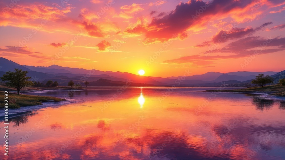 Obraz premium Scenic sunset over a lake with mountains in the distance, reflecting vibrant orange and pink hues