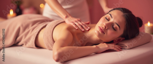 A woman lying on a massage table receiving a spa treatment. Soft lighting and candles create a calming atmosphere. Suitable for relaxation and spa care themes.