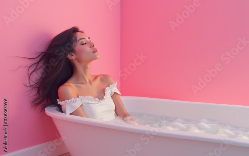 Asian girl in a dress relaxing in a hot bath, against pink walls. Spa and relaxation. For posters, backgrounds, banners. With copy space photo