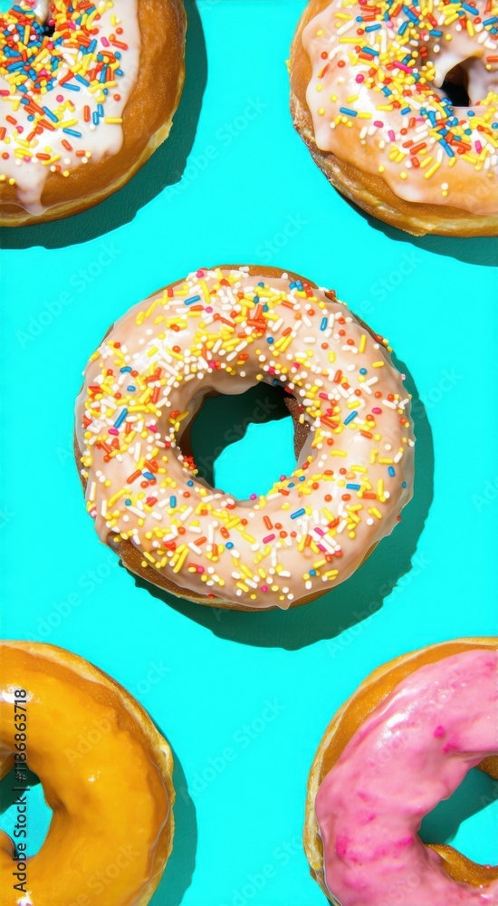 Several different colored donuts are arranged in a row on a blue surface Several different colored donuts are arranged in a row on a blue surface