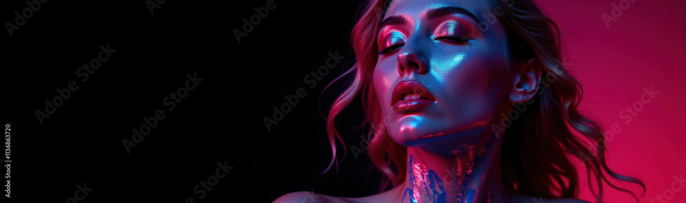 Woman with neon lights and futuristic makeup. For designers: ideal for futuristic projects, covers and advertising. For banners, posters, backgrounds. Spa and cosmetology, self-care. With copy space Woman with neon lights and futuristic makeup. For designers: ideal for futuristic projects, covers and advertising. For banners, posters, backgrounds. Spa and cosmetology, self-care. With copy space