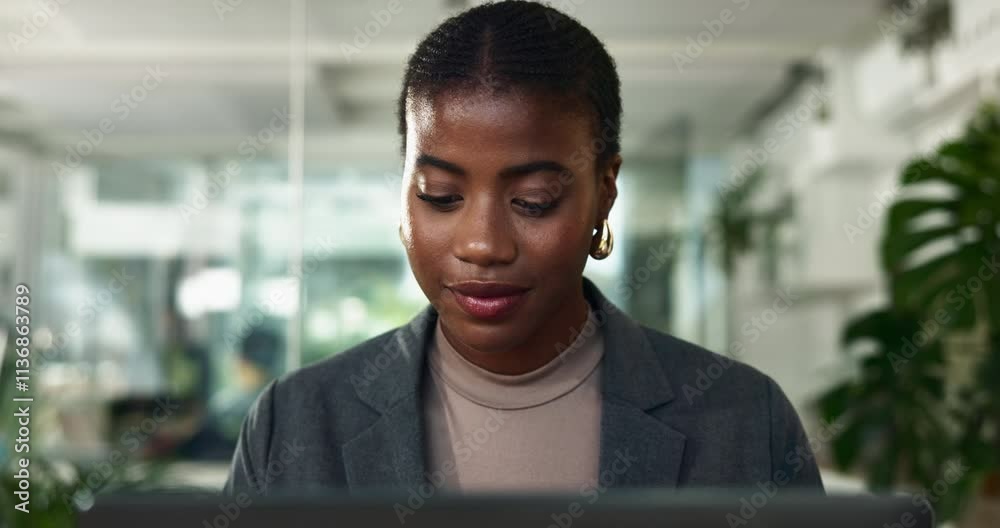 Black woman, laptop and office for finance, investment report and online for budget review. Female person, email and website for accounting update on company, employee and reading trading research