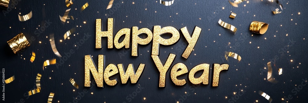 Happy New Year! Celebrate the New Beginnings - Gold letters, confetti, celebration, new year, hope. Symbolizes joy, success, fresh start, prosperity, and resolutions. Happy New Year! Celebrate the New Beginnings - Gold letters, confetti, celebration, new year, hope. Symbolizes joy, success, fresh start, prosperity, and resolutions.