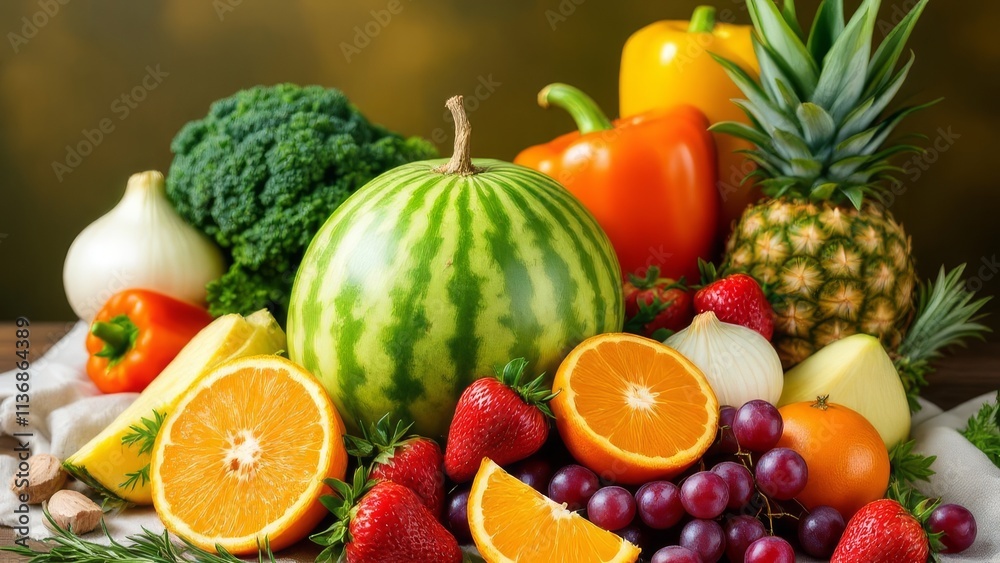 Assortment of fresh fruits and vegetables with watermelon, pineapple, oranges and broccoli Assortment of fresh fruits and vegetables with watermelon, pineapple, oranges and broccoli