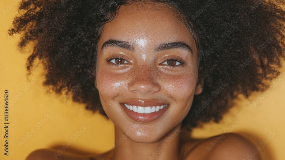 Close up Beauty portrait of african american woman with clean healthy dark skin on neutral background. Smiling dreamy beautiful afro haitstyle girl. Curly black hair. Close up Beauty portrait of african american woman with clean healthy dark skin on neutral background. Smiling dreamy beautiful afro haitstyle girl. Curly black hair.