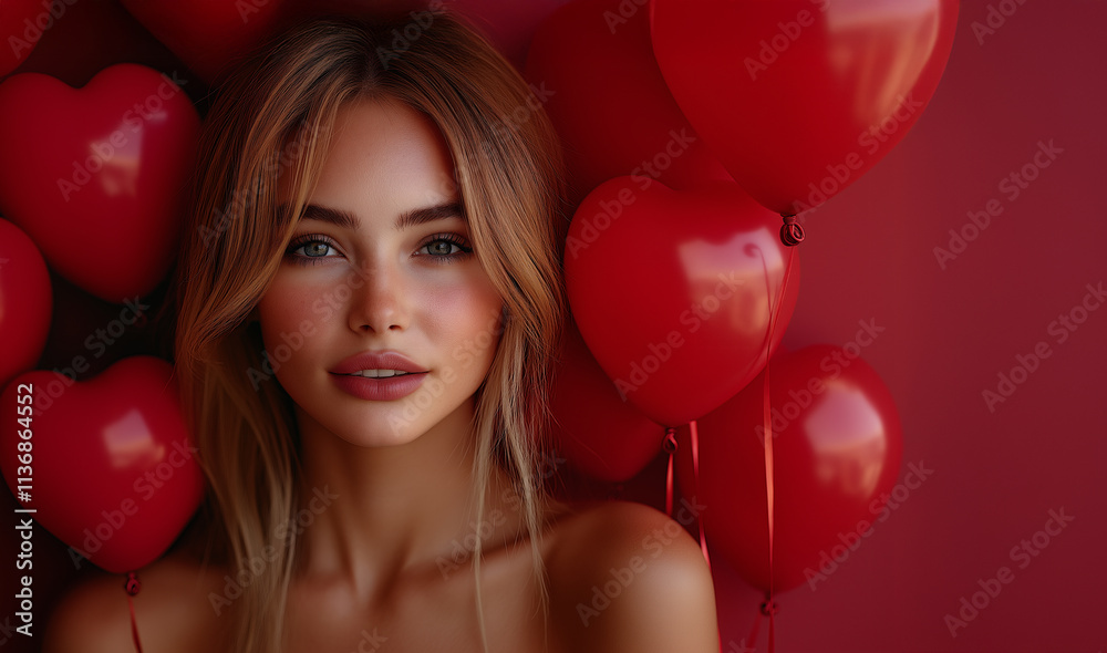 young woman model around the red balloons. young woman model around the red balloons.