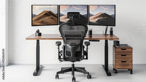 Ergonomic Home Office Setup with Standing Desk and Triple Monitor Display photo