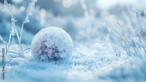 Frozen Petals Within a Snowball on Frosty Ground
