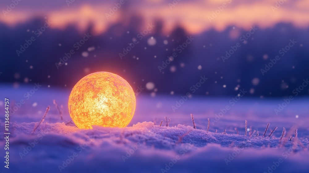 Fototapeta premium Glowing Golden Snowball in Purple Winter Landscape