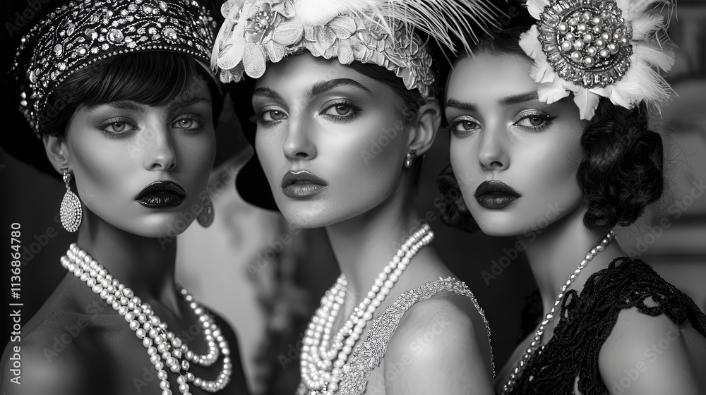Obraz premium Models in vintage 1920s flapper dresses with pearl necklaces and feathered hats