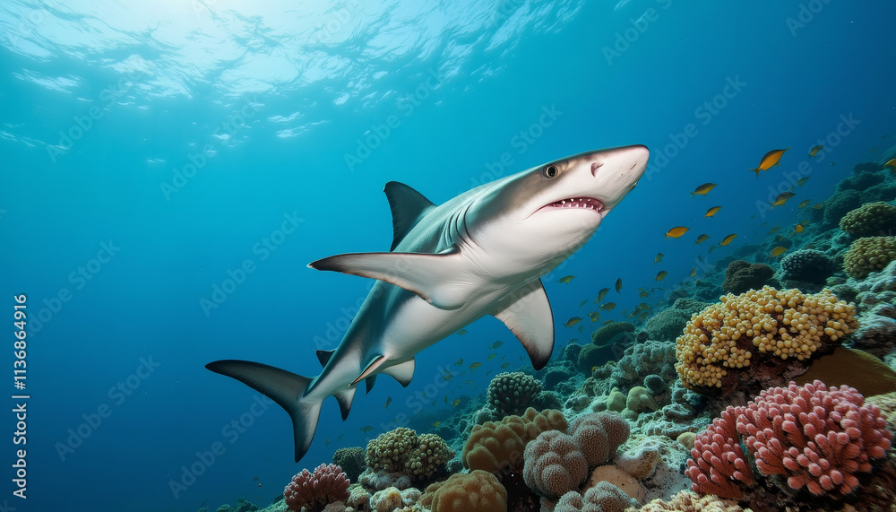 Fototapeta premium Stunning underwater encounter with a vibrant shark amidst colorful coral reefs in a tropical ocean setting