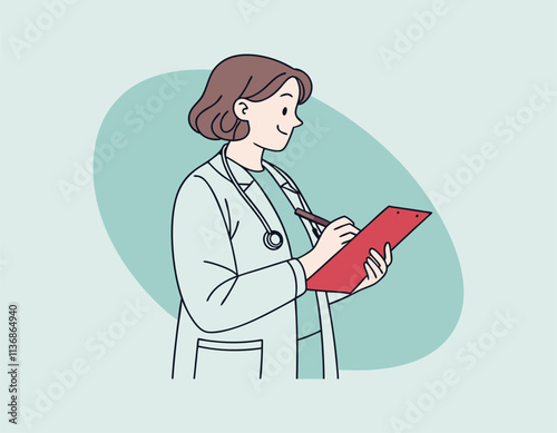 doctor writing notes on clipboard in hospital environment, focused medical professional in white coat documenting patient information