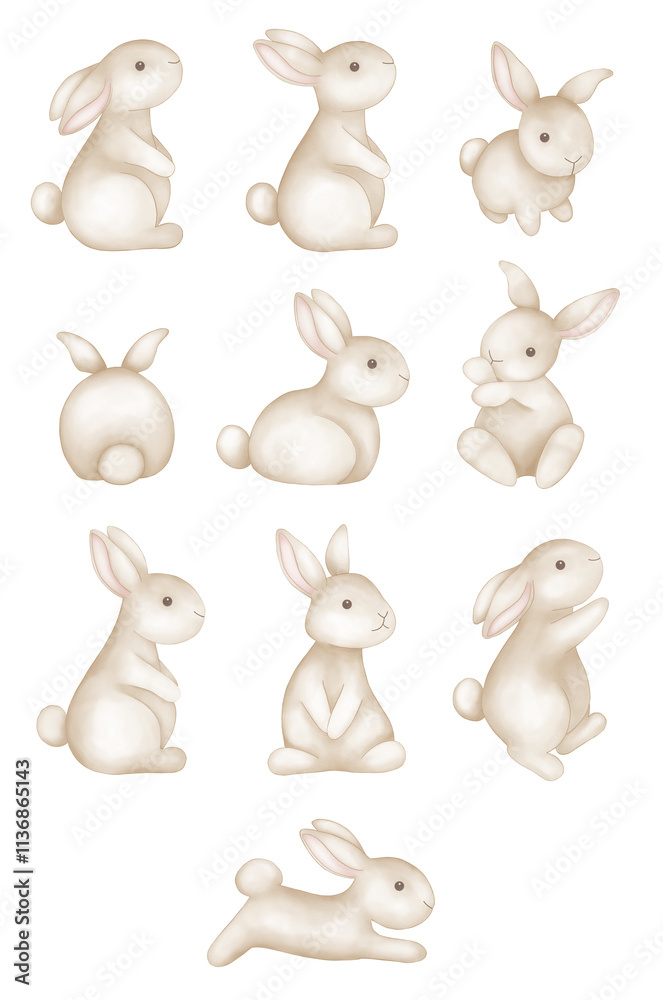 Naklejka premium Conjunto de Conejitos Pintados a Mano en Acuarela - Arte Dulce y Delicado