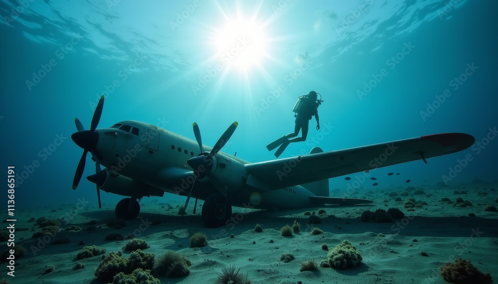 Naklejka premium Diver explores a sunken aircraft at a vibrant underwater location