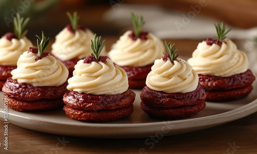 Delicious Red Velvet Macarons with Creamy Frosting and Rosemary Garnish