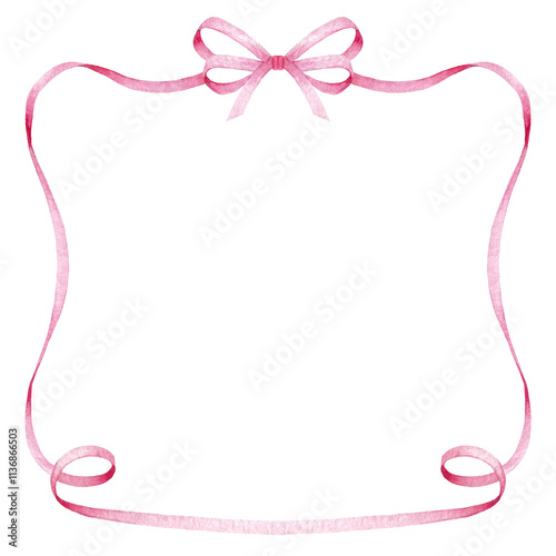 Square frame with pink ribbon bow, hand drawn watercolor illustration isolated on white background, template for greeting card or wedding invitation