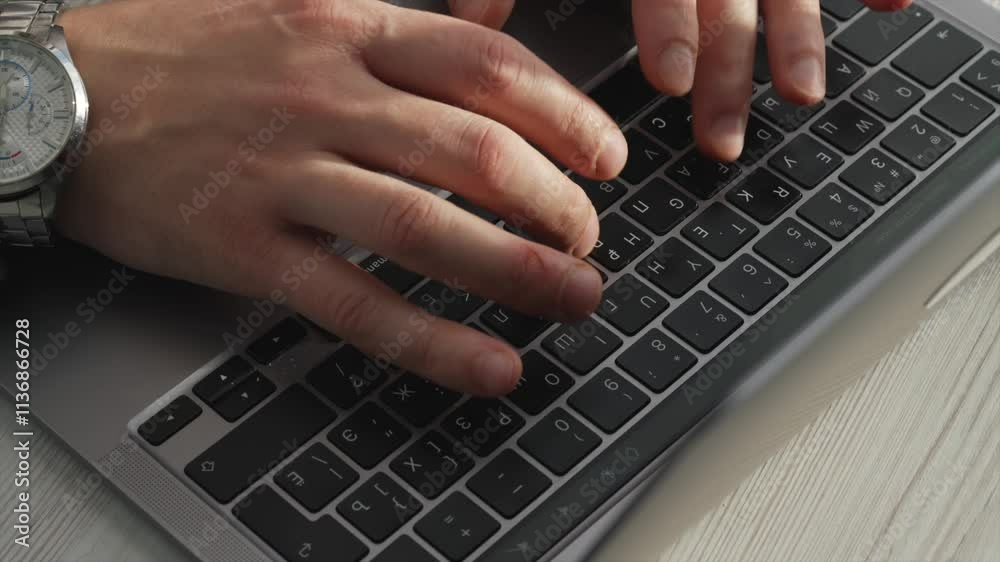 Type text on the keyboard. A man works at a laptop. An IT specialist ...