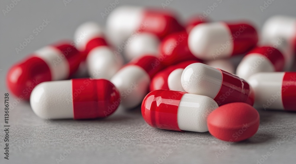 Red and white capsules scattered on a textured grey surface Red and white capsules scattered on a textured grey surface