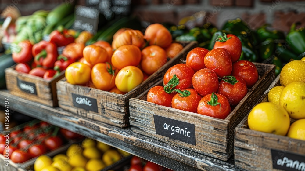 A vibrant display of fresh tomatoes and lemons in wooden crates at a market. A vibrant display of fresh tomatoes and lemons in wooden crates at a market.