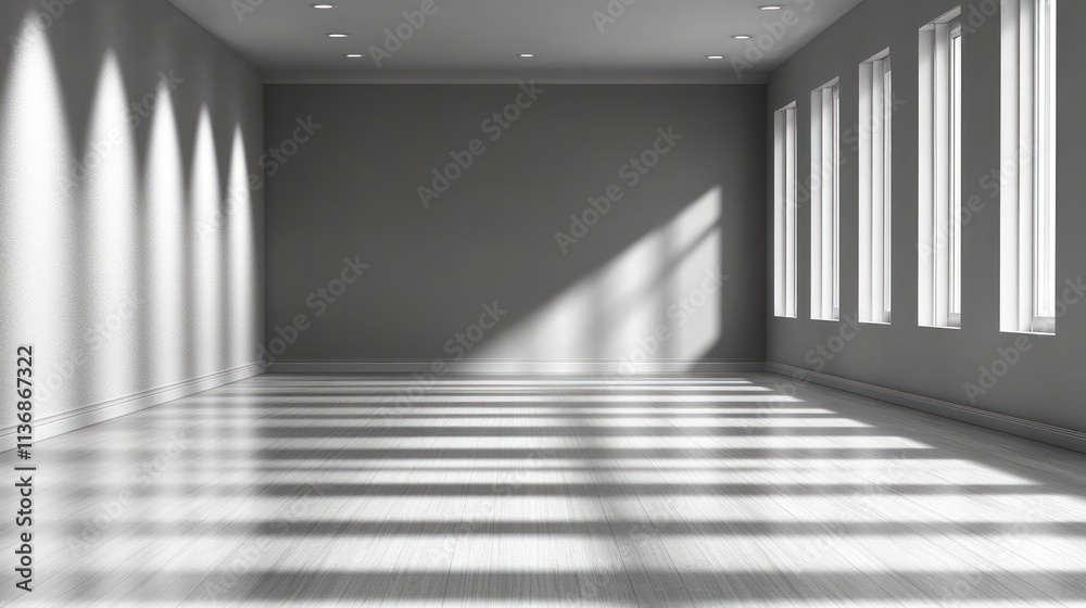 Obraz premium Soft sunlight streams through tall windows, casting intricate shadows on the smooth floor