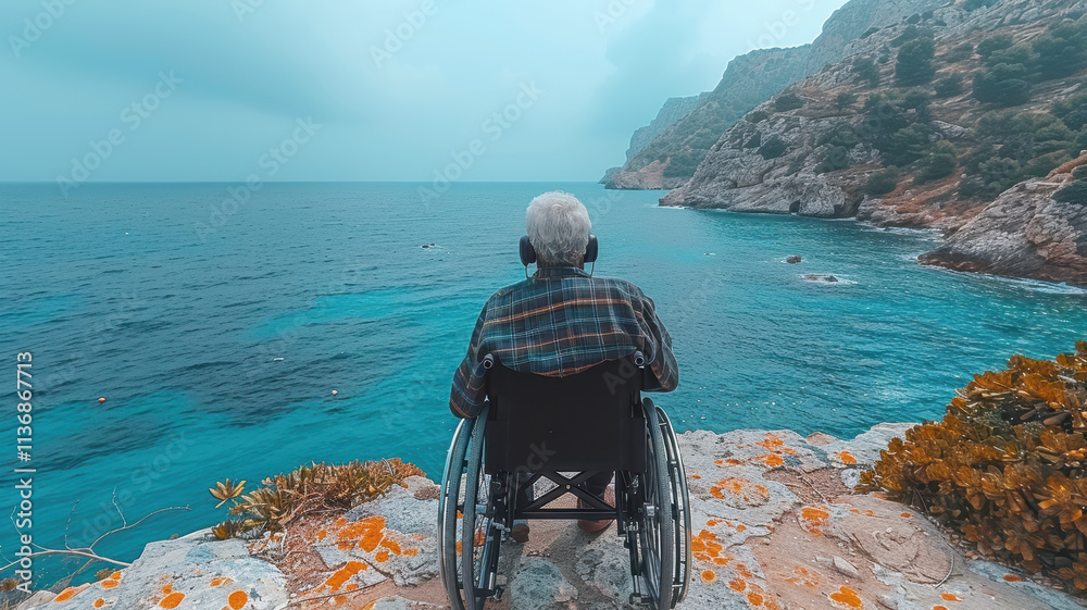Fototapeta premium man in a wheelchair listening to music through headphones outdoors at sunset