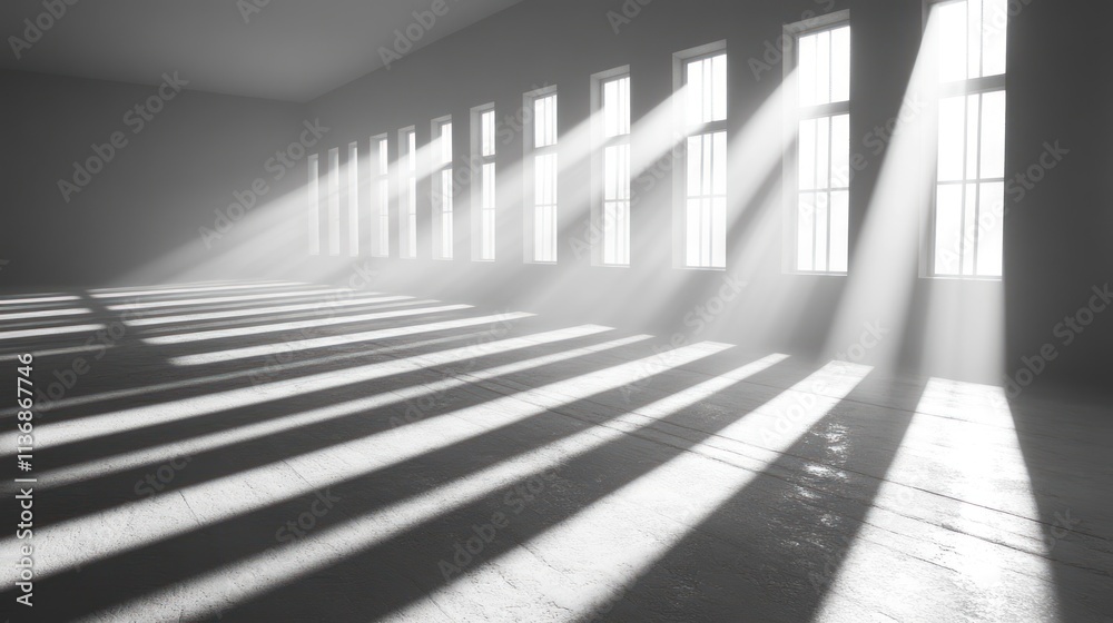 Sunlight streams through tall windows, creating beautiful patterns on the floor in an airy space Sunlight streams through tall windows, creating beautiful patterns on the floor in an airy space