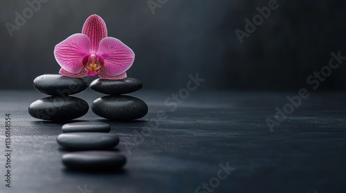 Zen Garden Serenity: Pink Orchid Atop Balanced Stones