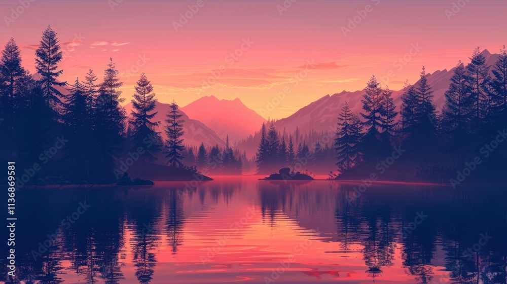 Fototapeta premium Serene Sunset over Mountain Lake