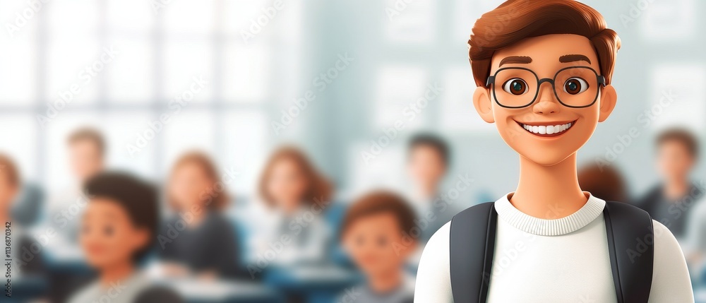 A cartoon boy with glasses is smiling and standing in front of a group of people