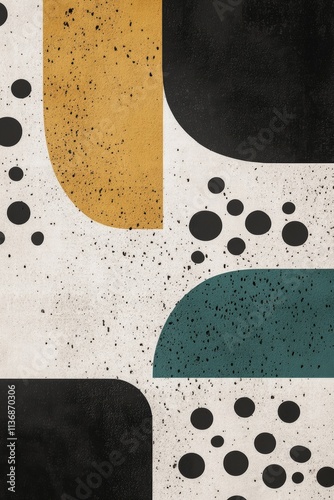 A colorful abstract painting with black and yellow shapes and dots. Illustration