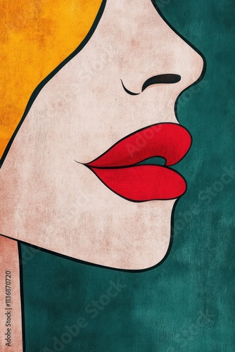 A woman's face is drawn with a red lip and a green background. Illustration