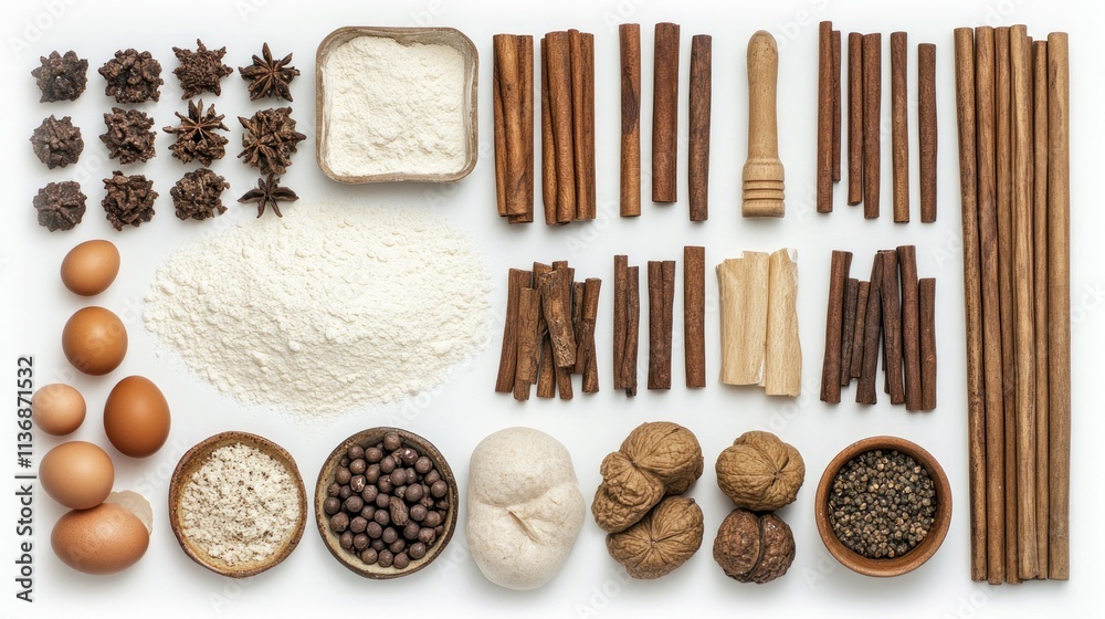 Baking Ingredients Flat Lay: A Collection of Spices, Nuts, and Flour for Delicious Treats Baking Ingredients Flat Lay: A Collection of Spices, Nuts, and Flour for Delicious Treats