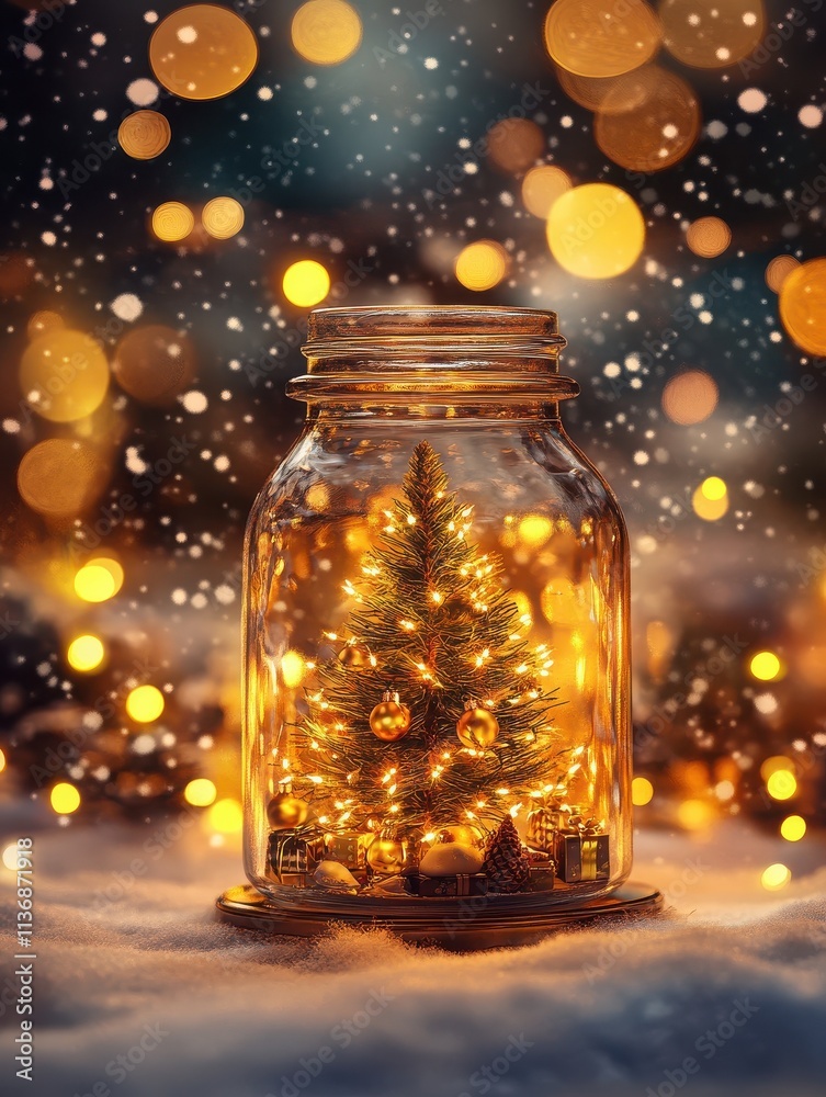 Merry Christmas and happy new year concept, Close up, Elegant Christmas tree in glass jar decoration on blurred glow light bokeh and snowfall background Merry Christmas and happy new year concept, Close up, Elegant Christmas tree in glass jar decoration on blurred glow light bokeh and snowfall background