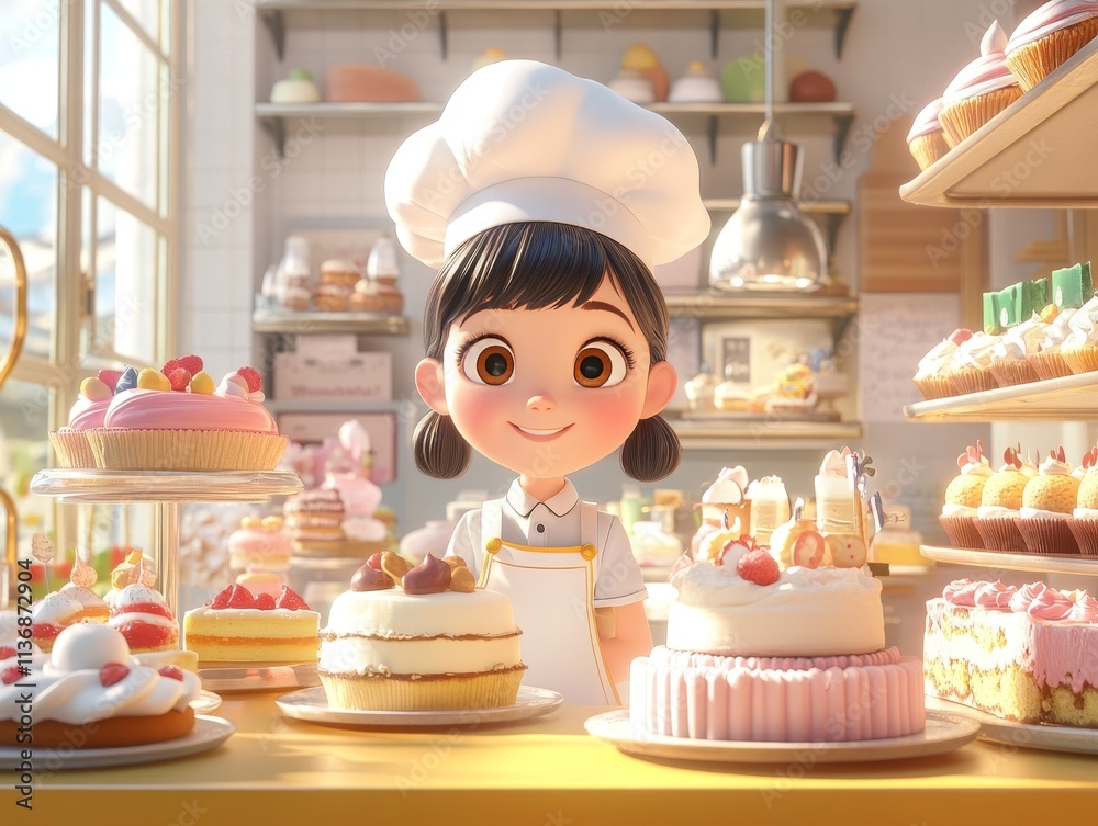 Pastry chef holding delicious cake in bakery cartoon cute Pastry chef holding delicious cake in bakery cartoon cute