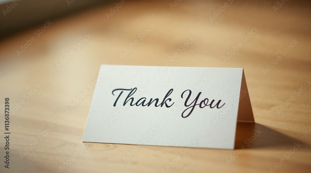 Thank you card on wooden surface in warm light