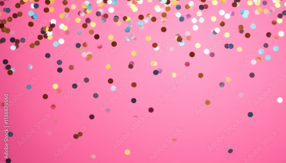 A vibrant scene of falling confetti against a bright pink background A vibrant scene of falling confetti against a bright pink background