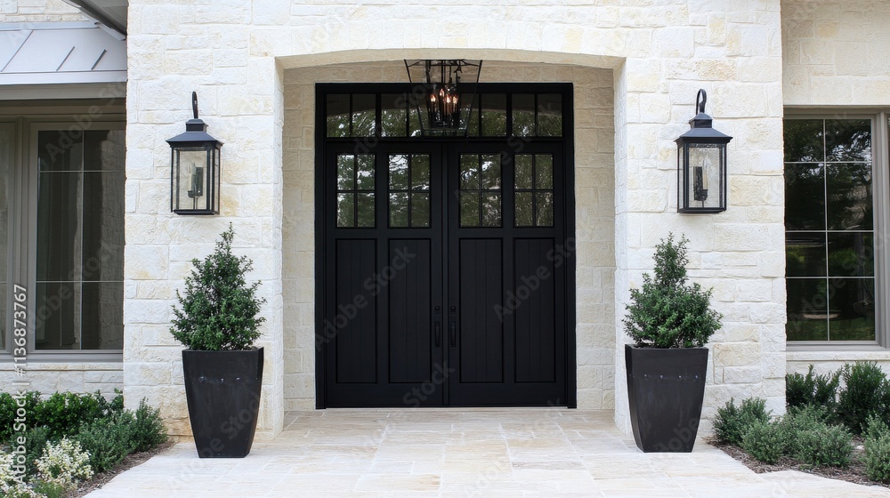 Elegant Entrance to a Modern Country House with Black Wooden Doors Elegant Entrance to a Modern Country House with Black Wooden Doors