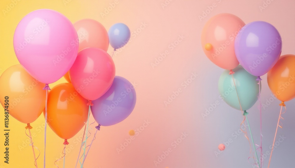 A fun and colorful bunch of balloons in shades of blue, yellow, and red, placed against a soft, pastel background A fun and colorful bunch of balloons in shades of blue, yellow, and red, placed against a soft, pastel background