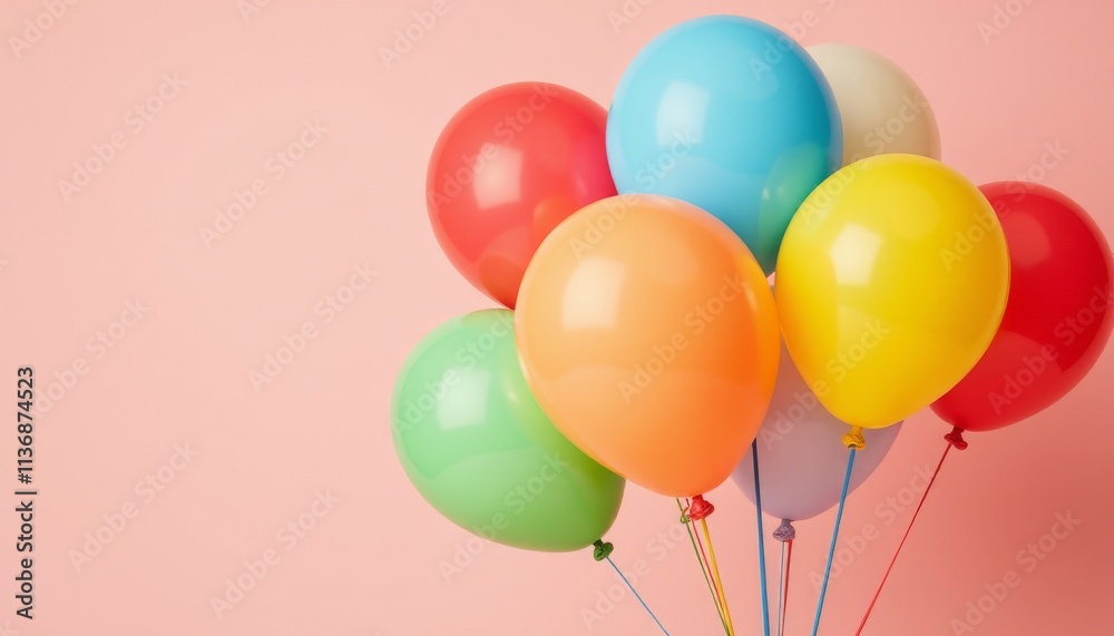 A cheerful composition featuring a bunch of vibrant balloons in various colors, such as pink, purple, orange, and turquoise, floating against a smooth, bright-colored background A cheerful composition featuring a bunch of vibrant balloons in various colors, such as pink, purple, orange, and turquoise, floating against a smooth, bright-colored background
