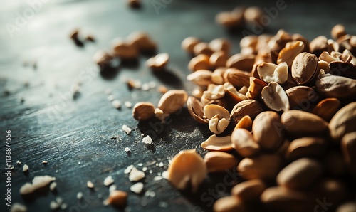 Shelled pistachios scattered on a dark surface