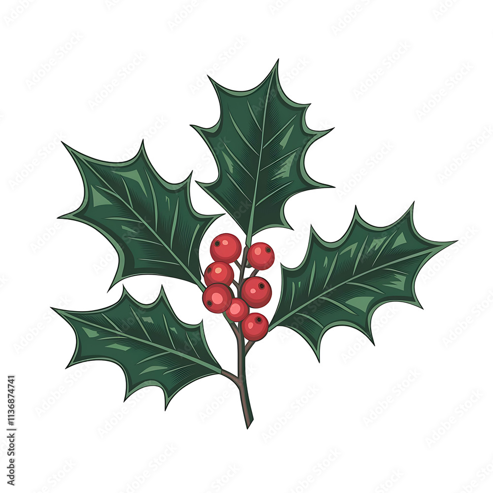 Single Holly Branch with Vibrant Green Serrated Leaves and Bright Red Berries, Isolated on Transparent Background Single Holly Branch with Vibrant Green Serrated Leaves and Bright Red Berries, Isolated on Transparent Background