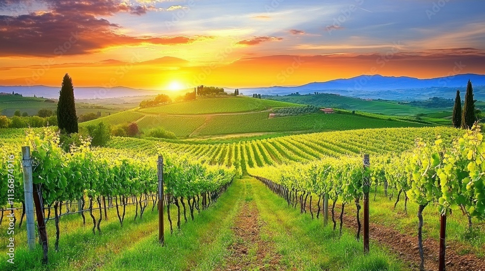 Fototapeta premium Picturesque Tuscan Vineyard Landscape at Sunset