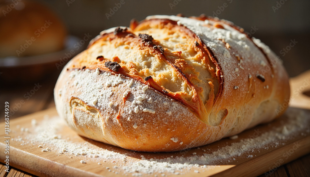 Freshly baked bread loaf on a wooden cutting board with a crunchy crust Freshly baked bread loaf on a wooden cutting board with a crunchy crust