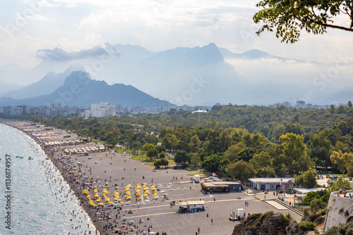 Fototapeta Naklejka Na Ścianę i Meble -  Panoramic view of Konyaalti beach at summer daytime at Antalya, Turkey
