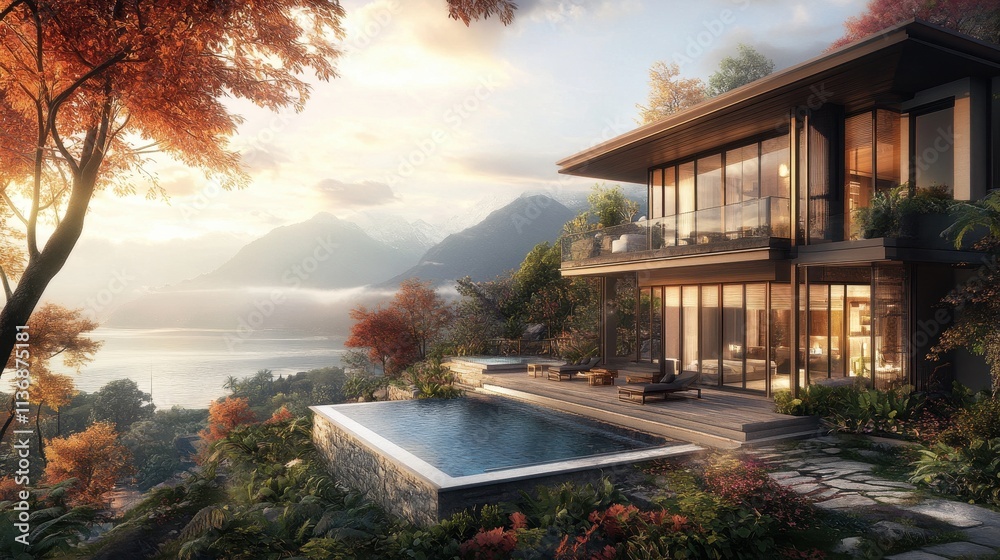 Breathtaking Lakeside Luxury Villa in Autumn Scenery Breathtaking Lakeside Luxury Villa in Autumn Scenery