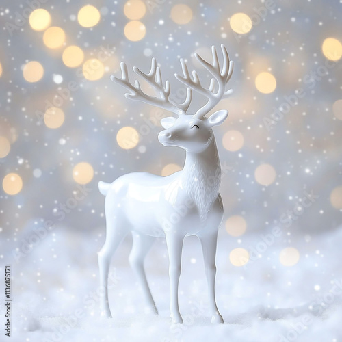 Festive White Reindeer Figurine in Snowy Winter Scene with Lights