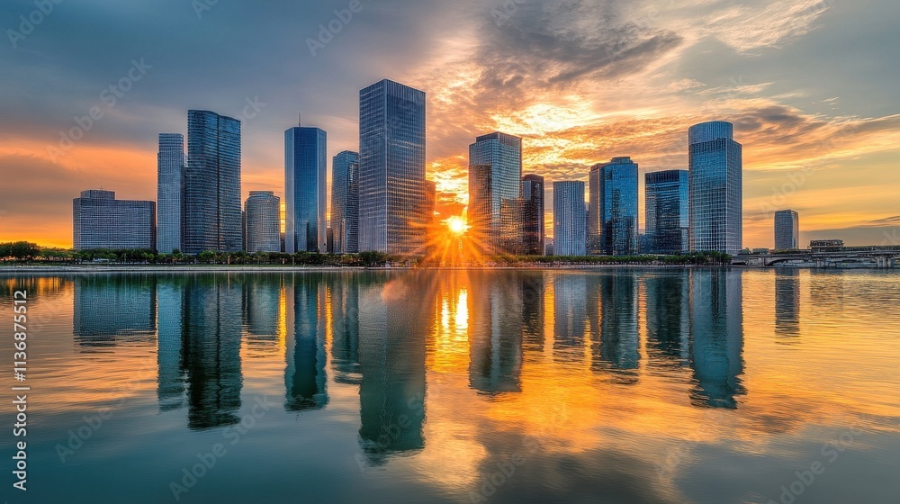 Stunning Sunset Over the Modern Skyline of a Coastal Metropolis Stunning Sunset Over the Modern Skyline of a Coastal Metropolis