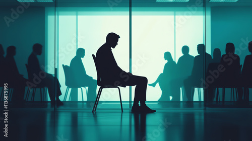 An isolated employee sitting apart from colleagues in a tense, gloomy office, Toxic workplace environment, exclusion