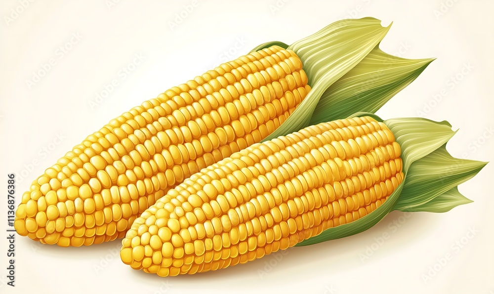 Two Ripe Yellow Ears Of Sweet Corn On White Background
